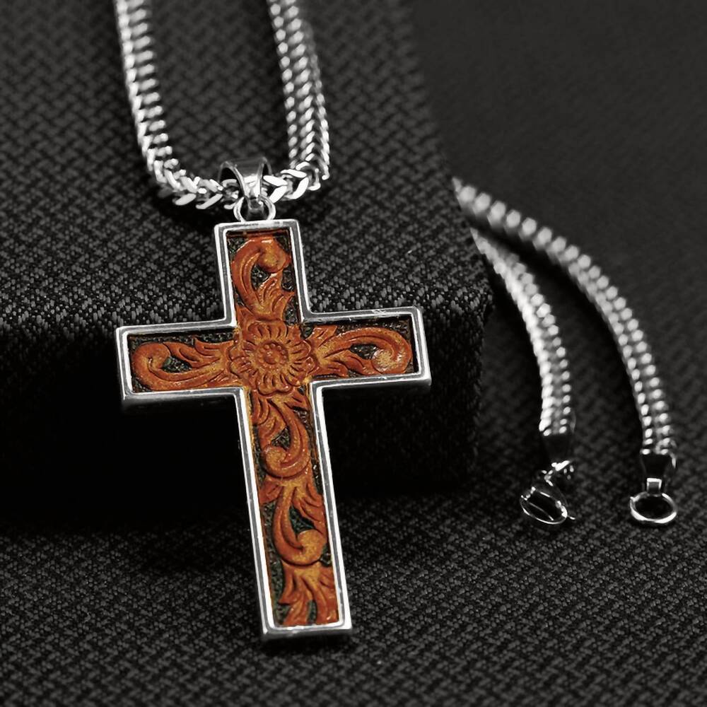 NEW TWISTER men's tooled cross necklace in silver/brown